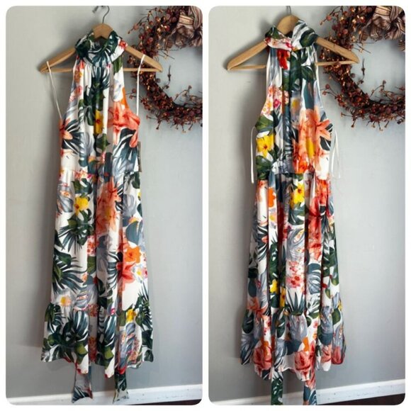 Eliza J High Neck Midi Shift Chiffon Dress Tie Waist Size 10 White Floral - Picture 1 of 9